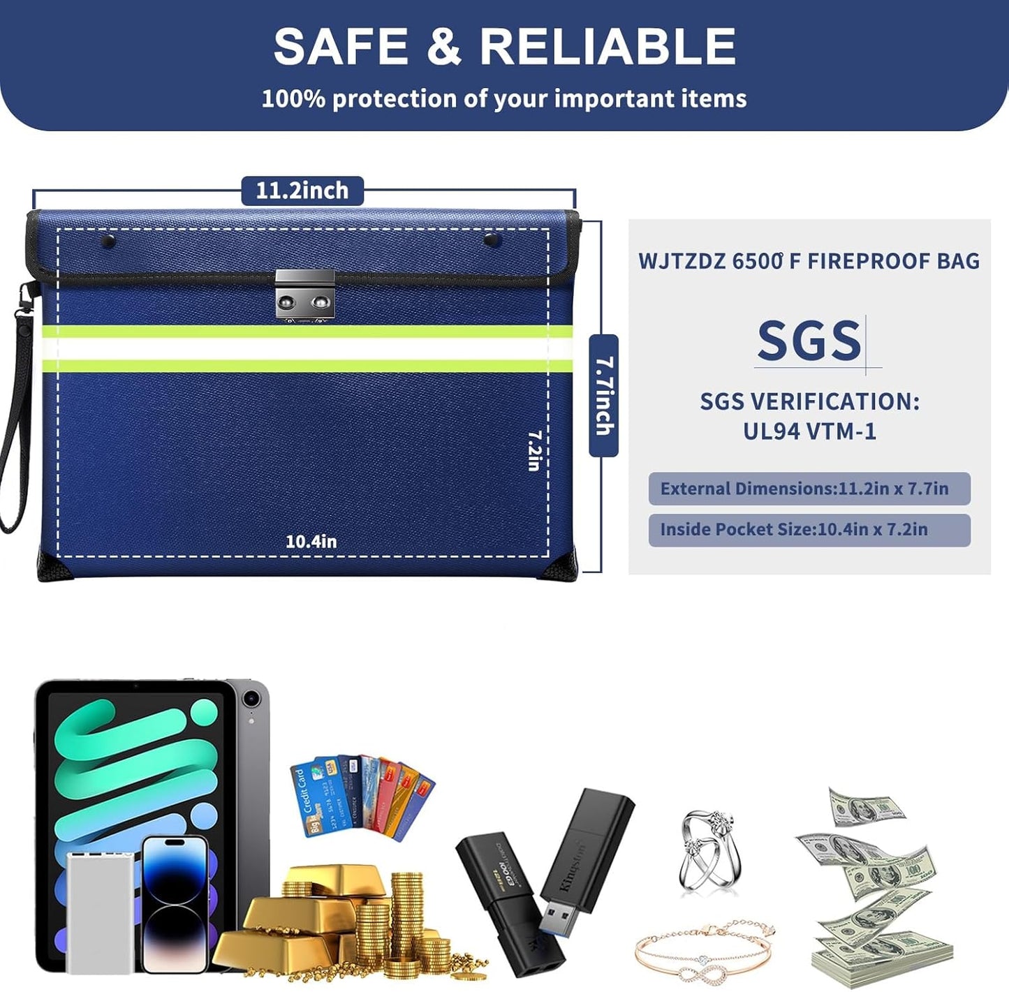 Upgraded Fireproof Money Bag with Lock,6500°F 10 Layers of Heat Insulated Materials Waterproof Zipper/Reflective Strip,Handle for Cash/Important Documents（Not Suitable for A4 Files）