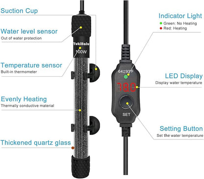 YukiHalu Small Submersible Aquarium Heater, Adjustable Mini Fish Tank Heater 25W 50W 100W 200W 300W with External Temperature Controller, LED Display, Used for 5/10/20/40/60 Gallons (100 Watts)