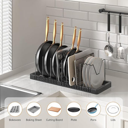PanPanPal Pots and Pans Organizer under Cabinet, Expandable Pot Lid Organizer Holder with 12 Adjustable Compartment, Pan Organizers inside Cabinet for Lids, Bakeware, Kitchen Storage Pot Rack, Black