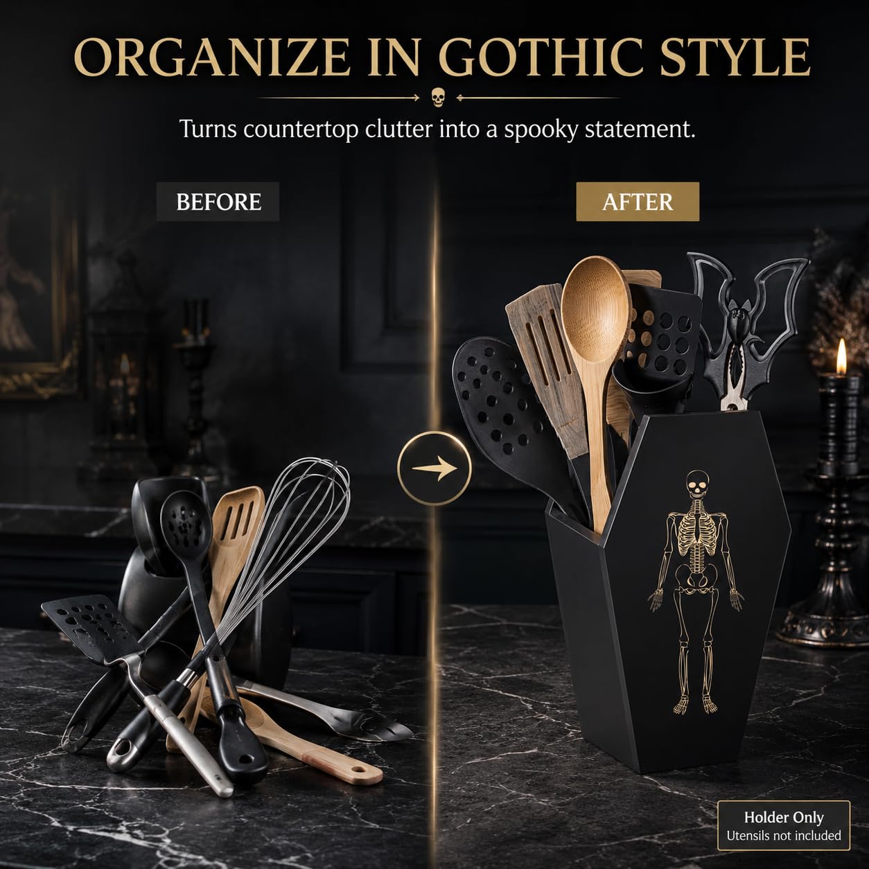 TOSOENPHY Halloween Gothic Kitchen Decor - Goth Coffin Utensil Holder (Utensils Not Included), Dual-Sided Laser-Etched Skeleton, Solid Wood Large Capacity for Spooky Bats Spoons Skull Spatulas