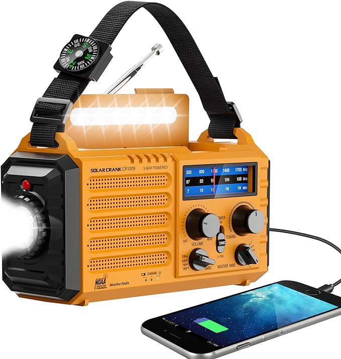 Eoxsmile Emergency Radio with NOAA Weather Alert, 5000mAh Solar Hand Crank Portable AM/FM Shortwave Radio, Rechargeable Battery Powered, USB Charger, Flashlight, SOS Alarm for Home Outdoor Survival