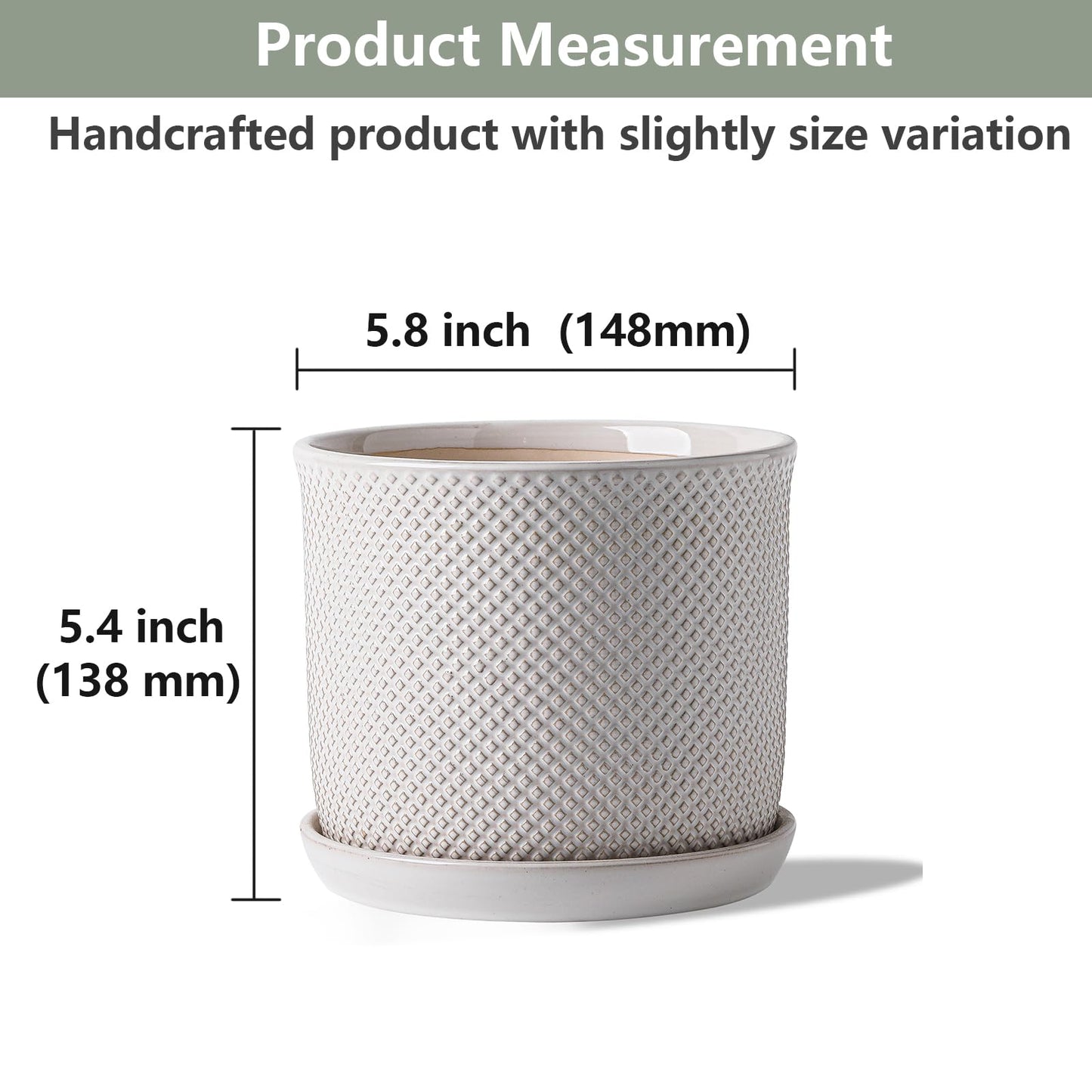 Chubacoo 5.8 Inch Plant Pot: Ceramic Planter with Drainage Hole & Saucer for Indoor Outdoor Plants - Flowerpot with Bonded Tray for Home Office - Beaded Embossed Style, Cream White