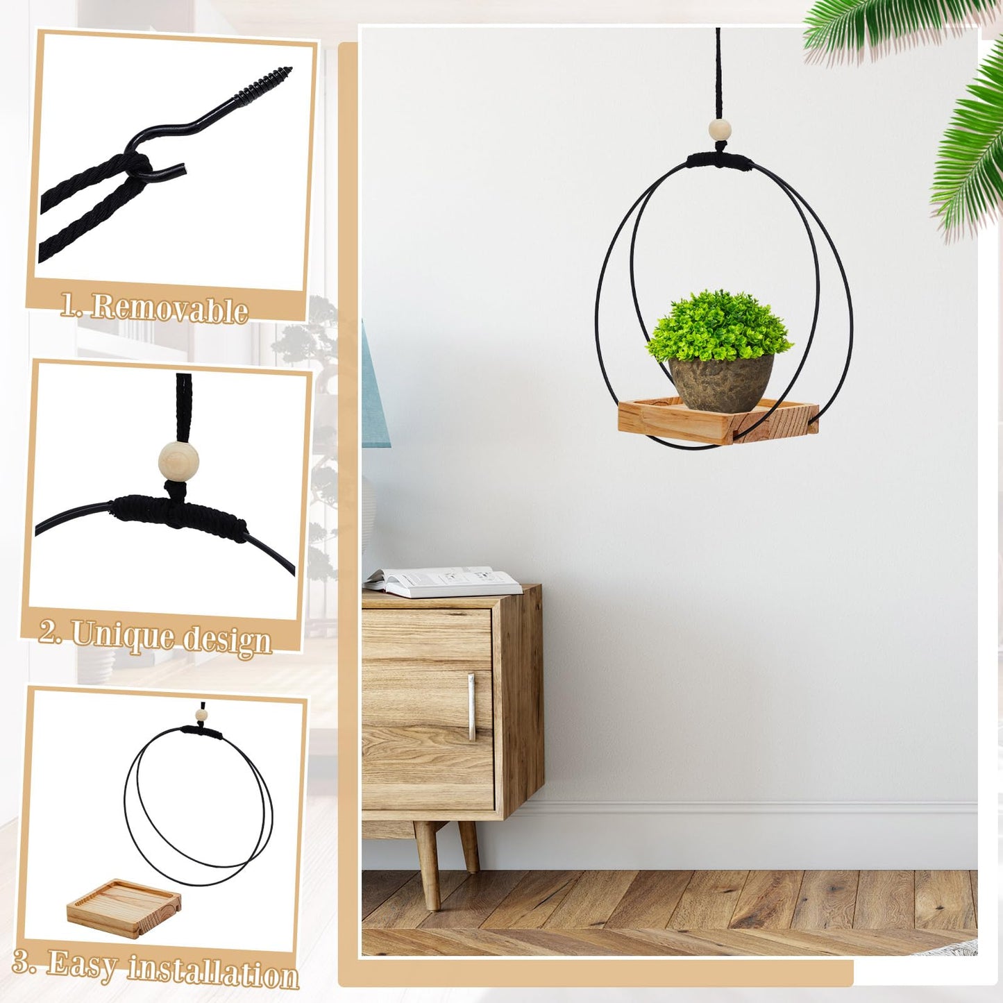 Geelin 2 Pack Plant Hanger with Wood Base Hanging Window Planter Boho Macrame Hanging Plant Holders for Window Indoor Outdoor Room Ceiling Home Decorations(Black)