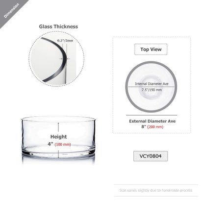 WGV Cylinder Vase, Open Width 8", Height 4", Clear Flat Pan Style Container, Planter Terrarium, Floral Centerpiece for Wedding Party Event, Home Office Decor, 1 Piece