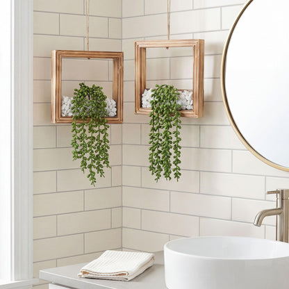 FancyPlus 2 Pack Fake Plants Hanging, Artificial Succulents Plants in Square Wooden Frame with LED Lights, Boho Wall Decor for Office Living Room Bathroom Bedroom Kitchen Indoor Outdoor, Burnt Wood