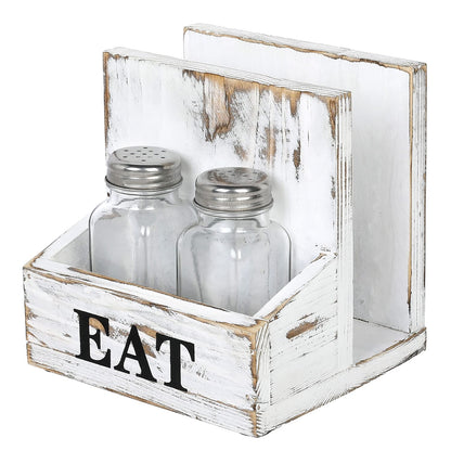 MyGift Napkin Holder for Table, Wood Napkin Holder with Salt and Pepper Shakers Set, Condiment Caddy with Bold Black Printed EAT Design, Standing Paper Napkin Storage for Kitchen Dining Table Decor