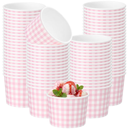 Nuanchu 100 Pack 9 oz Gingham Treat Snack Cups Pink and White Checkered Disposable Paper Cups for Dessert Ice Cream Bowls for Snacks Soup Hot Cold Food Wedding Birthday Baby Shower Decorations