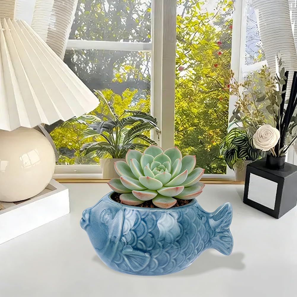 SUNNYCLUE Ceramic Succulent Pot Fish Ceramic Pot with Drainage Hole Ocean Series Summer Sea Hawaii Blue Flower Vase Bonsai Cactus Planters for Indoor Outdoor Plants Office Home Garden Decorations