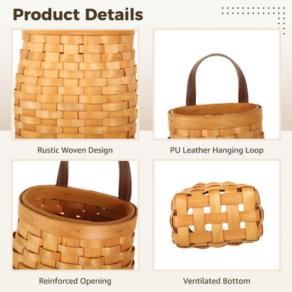 3 PCS Small Wall Hanging Baskets, Woven Wood Basket with PU Leather Handle, Rustic Hanging Organizer for Flowers, Plants, Kitchen Utensils, Farmhouse Wall Decor for Porch, Room