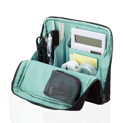 KOKUYO Pencil Case Pouch, Haco-Biz Standing Pen Pouch Bag, Foldable Stand up Pencil Holder Organizer, Large Capacity Portable Pencil Box for Office Supplies, Black x Green (KAHA-HB11D)