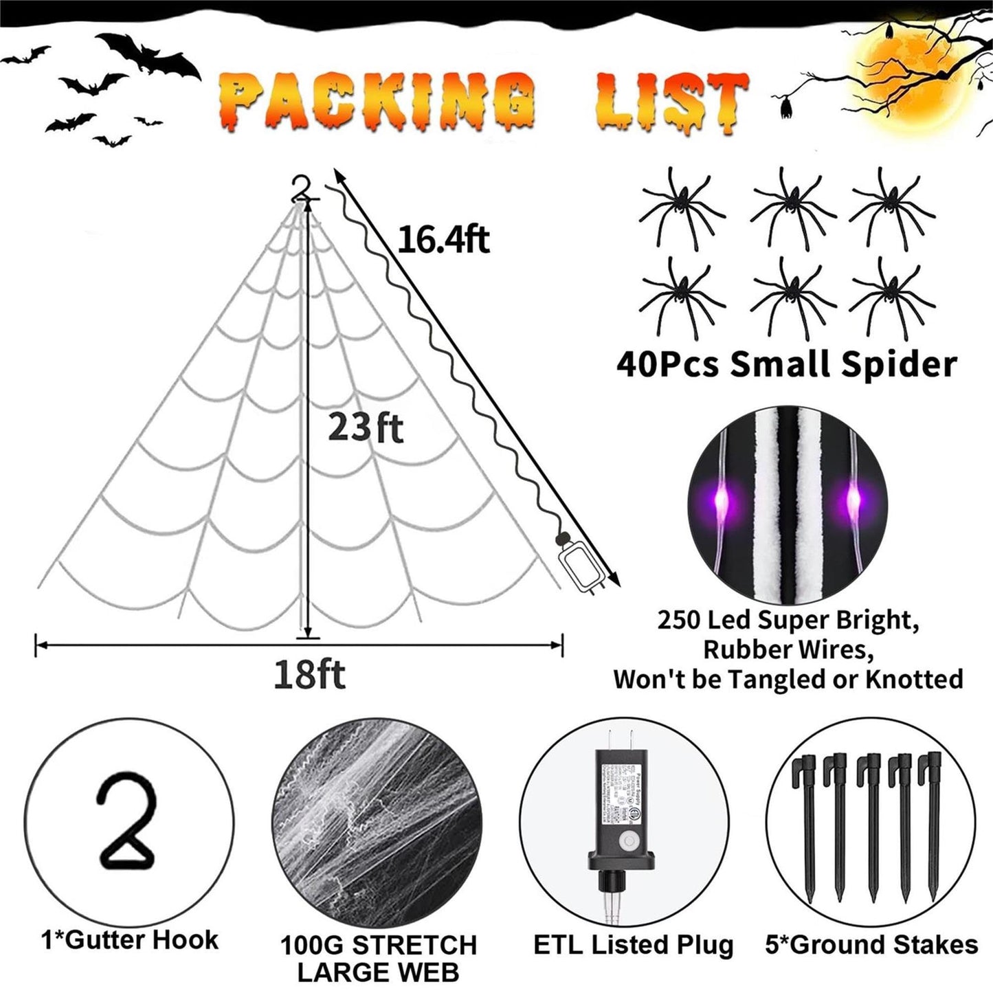 uesreaxy Halloween Decorations Outdoor, 250LED 23x18 FT Giant Spider Web with Purple Lights, Lighted Triangular Black Spider Web with Sturdy Wire, Waterproof, Timer, 8 Modes for Yard Halloween Décor