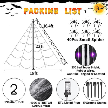 uesreaxy Halloween Decorations Outdoor, 250LED 23x18 FT Giant Spider Web with Purple Lights, Lighted Triangular Black Spider Web with Sturdy Wire, Waterproof, Timer, 8 Modes for Yard Halloween Décor