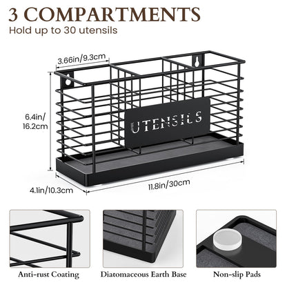 THYGIFTREE Utensil Holder for Kitchen Counter with Diatomaceous Earth Base, Large Black Metal Cooking Tool Organizer with 3 Compartments, Countertop Utensil Holder for Spatula and Kitchen Utensils