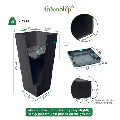 GreenShip 27" Tall Planters, Set of 2 – Black Outdoor Planter for Front Porch & Tall Plants, Weather-Resistant, with Drainage Hole & Rubber Plug (No Plants Included) (Black-2pcs)