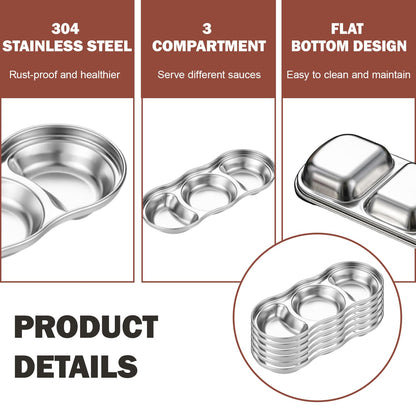 Zynexa 6 Pcs Soy Sauce Dish Stainless Steel 3 Compartment Korean Sauce Plate Condiment Tray Banchan Dishes for BBQ Vinegar Spice Salt Sugar Home Restaurant (Silver (Type 2))