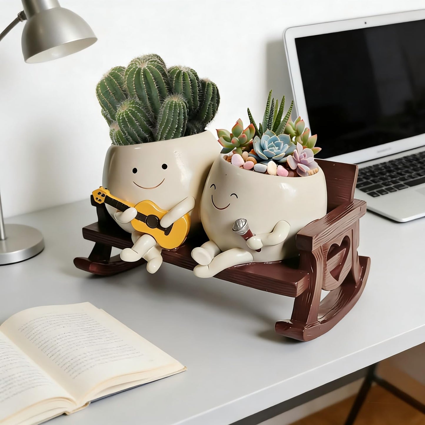 ERRSOU Smiley Face Planter Pot, Cute Funny Heart Rocking Chair Double Head Face Planter Pot with Unique Guitar and Microphone for Indoor Outdoor, Succulent Flower Pots with Drainage Hole ﻿