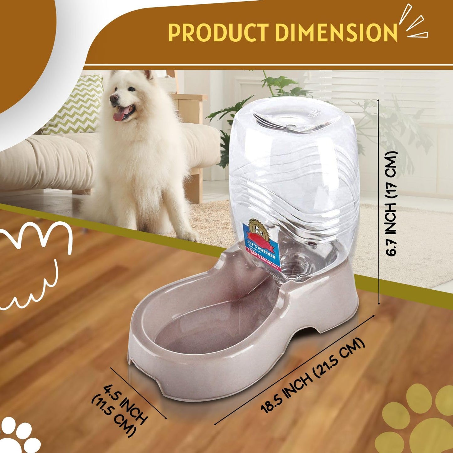 Flexzion Automatic Gravity Pet Waterer for Cat & Dog - Non-Skid & Easy-Clean Auto Replenish Water Dispenser Drinking Bowl (1/4 Gallon/ 900ml), Beige