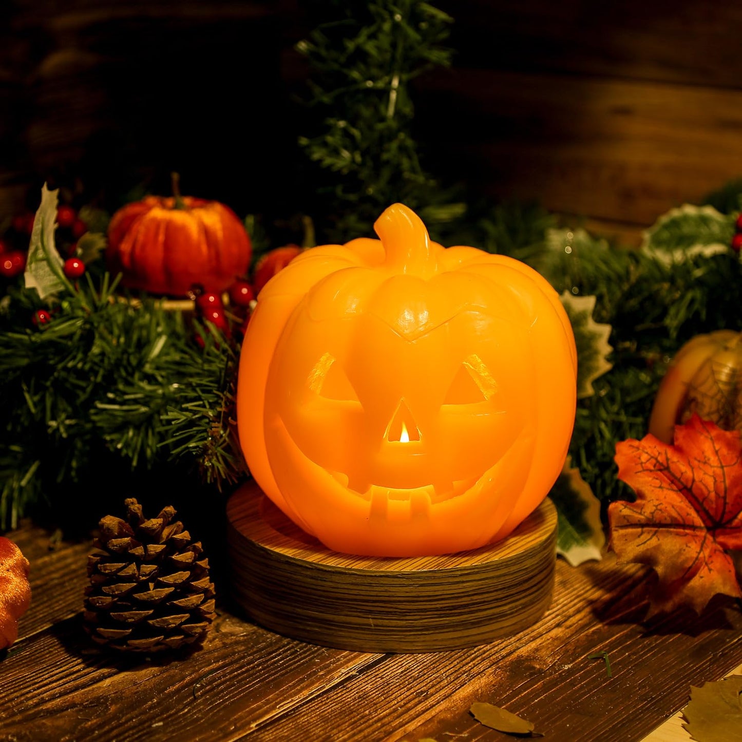 Romingo Decoration flameless Pumpkin Candle Halloween Smile Lighted Pumpkin with 10-Key Remote, Pumpkins Shaped Flameless Real Wax Flickering Candle with Timer for Home Table Centerpiece Decoration