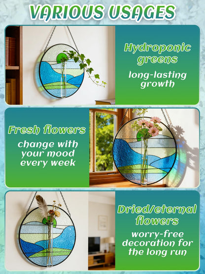 Stained Glass Propagation Stations - Sunshine Catcher Window Hanging Plant Holder, Terrariums Wall Decor for Women Mom Plant Lovers Gardening Gifts, Blue