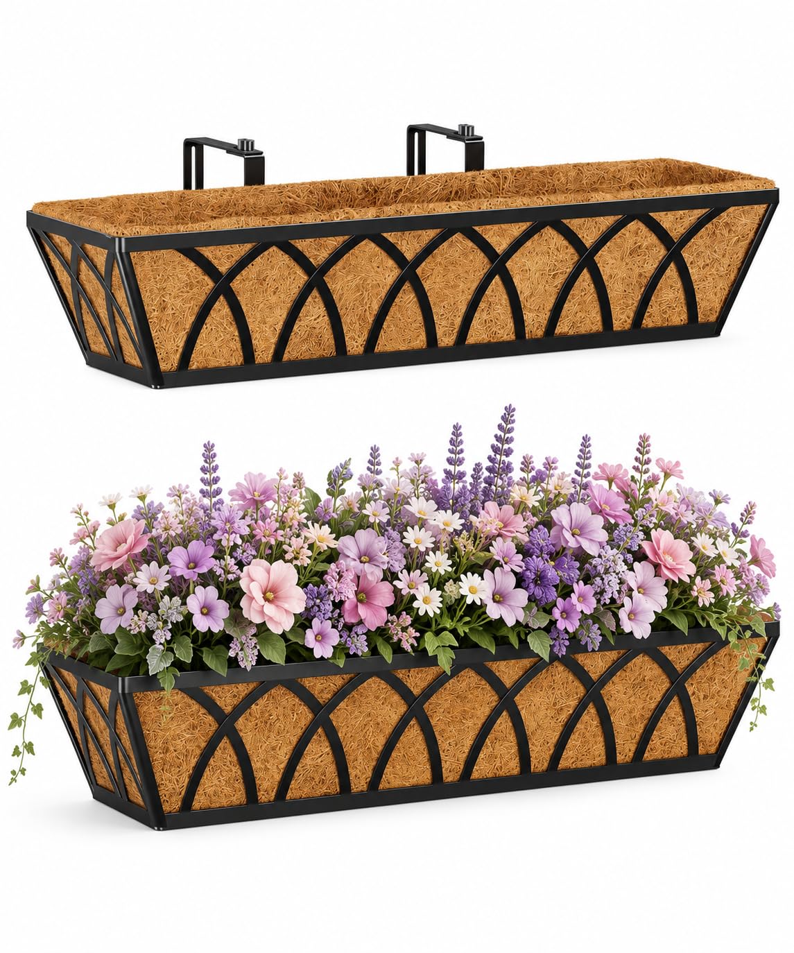 Railing Planter Boxes 24 Inch 2 Pack, Heavy Duty Adjustable Hanging Planters with Coco Liners, 2-in-1 Balcony Planters for Deck Porch Patio Garden