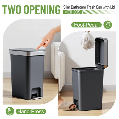 accep 2 Pack Bathroom Garbage Can with Lid, 2.6 Gallon /10 Liter Small Trash Can, Press Top Bin & Step Metal Pedal Trash Bin, Waste Basket for Bedroom, Home Offices, Small Spaces, Dorm (Black Gray)