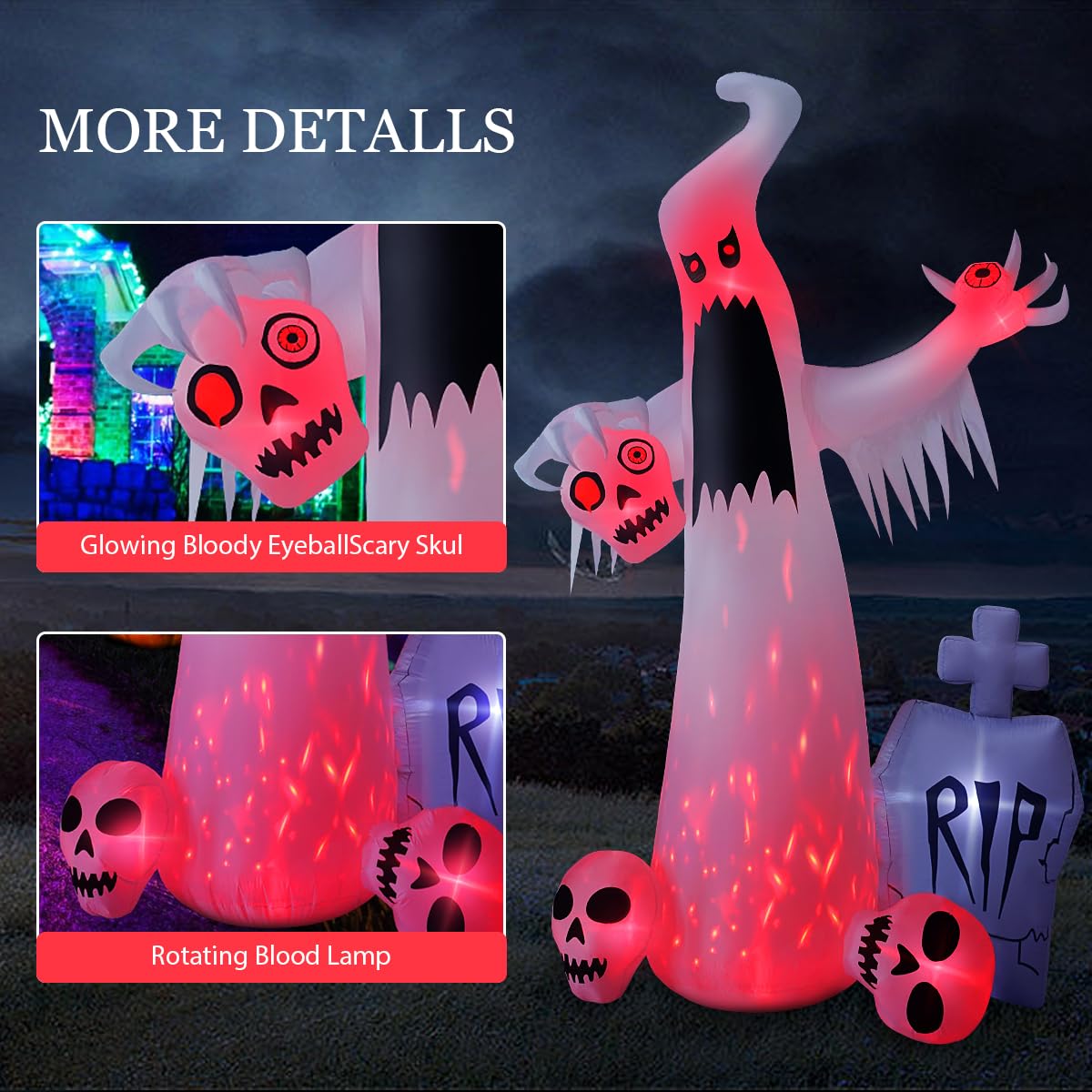 HOPOCO 12 FT Halloween Inflatables Outdoor Halloween Blow Up Yard Decorations Horror White Ghost with 3 Skull Heads Bleeding Eyeball Tombstone Halloween Decorations Clearance for Party Yard Garden