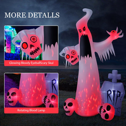 HOPOCO 12 FT Halloween Inflatables Outdoor Halloween Blow Up Yard Decorations Horror White Ghost with 3 Skull Heads Bleeding Eyeball Tombstone Halloween Decorations Clearance for Party Yard Garden