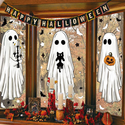 Heirloom Haven 3 Sheets Halloween Large Ghosts Window Clings,Bats Black Cat Spooky Pumpkin Window Stickers for Halloween Home Holiday Party Store Glass Decoration