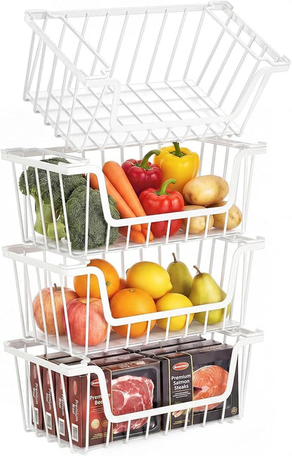 SUNALLY Stackable Storage Bins 4 Pcs Wire Baskets for Pantry Organizers and Storage, Vegetable Fruit Storage Basket for Countertop Organizer,Kitchen Baskets for Onion Potato Snack Cans Storage,White