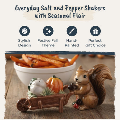 Blue Sky Clayworks Harvest Squirrel & Pumpkin Salt & Pepper Shaker Set, Ceramic, 6" L x 1.75" W x 2.5" H, Woodland Wheelbarrow Scene