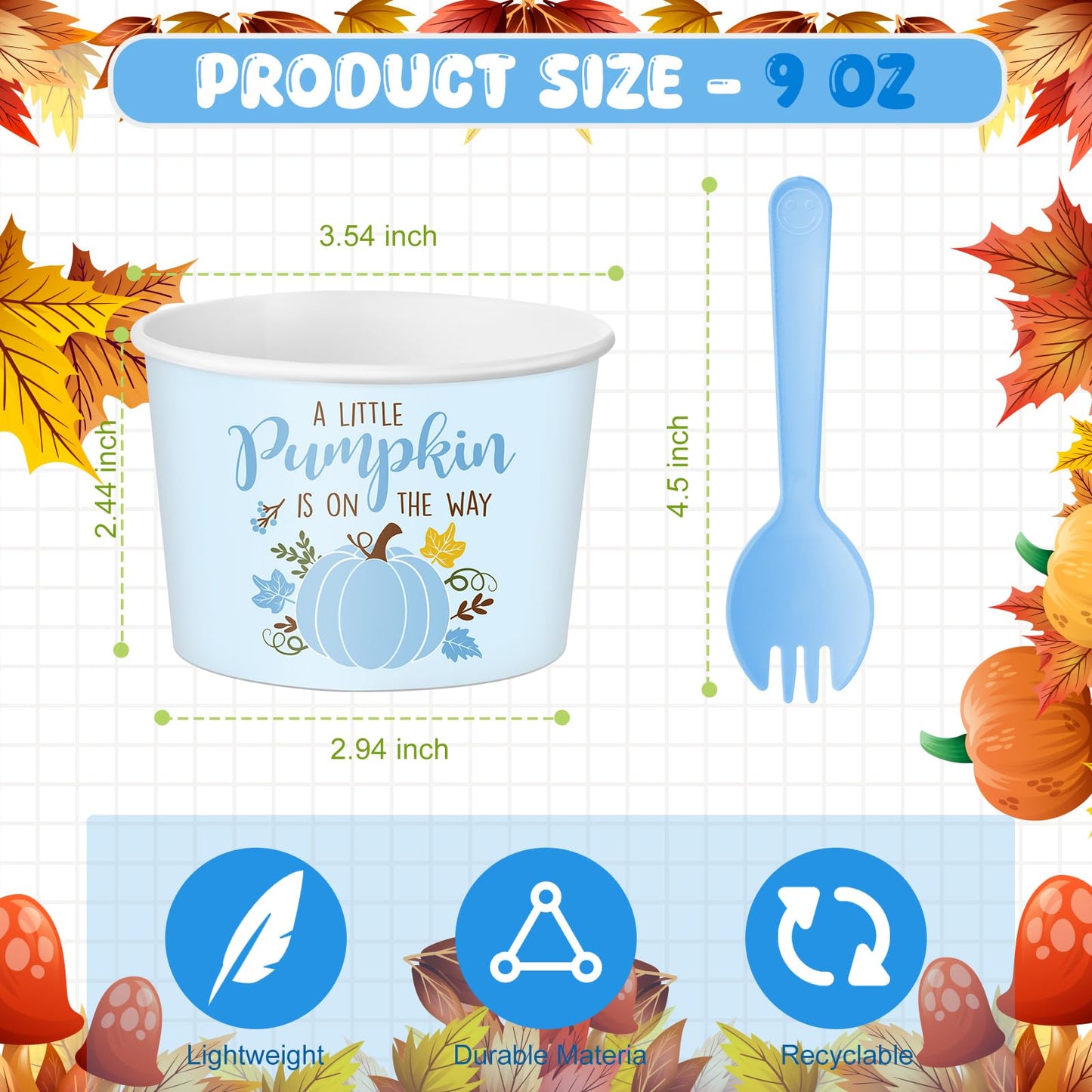 Yungyan 48 Pcs Fall Little Pumpkin Baby Shower Treat Snack Cups 9oz Disposable Ice Cream Bowls Party Supplies Thanksgiving Autumn Paper Cups with Spoons Maple Leaves Dessert Bowl for Hot Cold(Blue)