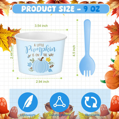 Yungyan 48 Pcs Fall Little Pumpkin Baby Shower Treat Snack Cups 9oz Disposable Ice Cream Bowls Party Supplies Thanksgiving Autumn Paper Cups with Spoons Maple Leaves Dessert Bowl for Hot Cold(Blue)