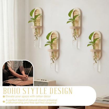 Singhoow 4 Pcs Wooden Rattan Wall Propagation Vases 8 Inch Wood Wall Vase Set Natural Boho Hanging Plant Flower Display for Hydroponics Plants Home Office Living Room Decor