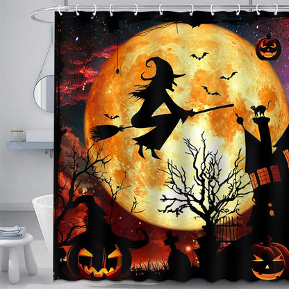 Mocsicka Halloween Shower Curtain Flying Witch Halloween Castle Bathroom Curtain Horror Orange Night Moon Polyester Fabric Shower Curtain Set 72x72 Inch with 12 Hooks