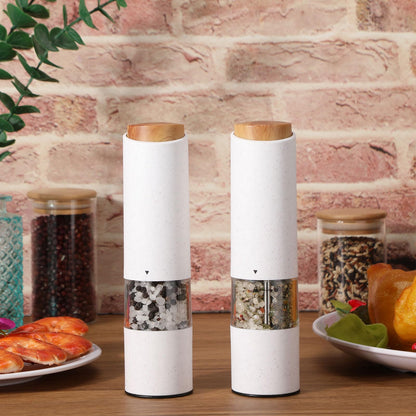 Threlaco Electric Salt and Pepper Grinder Set with 1 Portable Spill Proof Base 2 Packs Battery Operated Salt Pepper shakers with Adjustable Coarseness Light Wheat Straw Grinder for Kitchen(White)