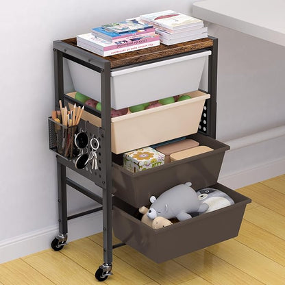 Rolling Cart with Drawers, Rolling Storage Cart with Large Plastic Drawers & Wooden Tabletop, Utility Cart with Pegboards & Basket, Storage Drawers Cart for Living Room, Classroom, Bedroom, Office