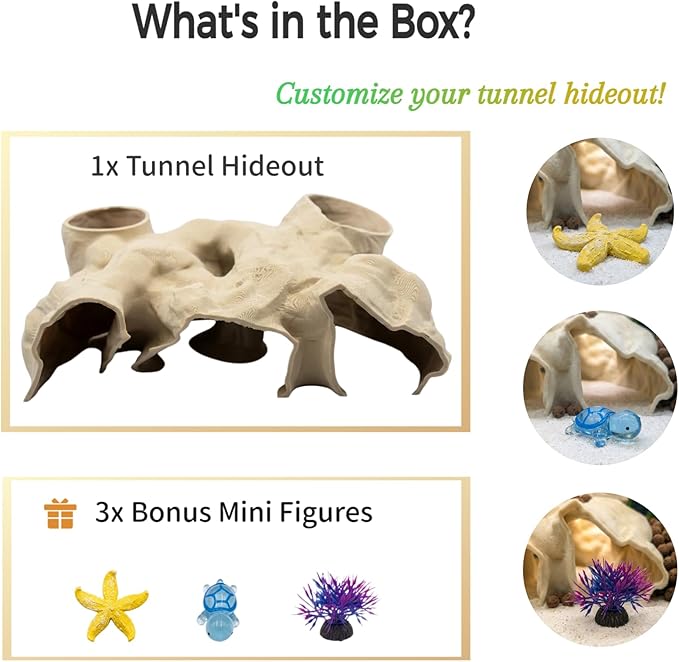 Large Aquarium Tunnel & Cave (9.5" L), 3D Printed Substrate Viewer Fish Hideout with Wide Top Entrances, Tank Decor for Small Fish, Corydoras, Betta & Shrimp- Set with 3 Mini Accessories (Yellow)