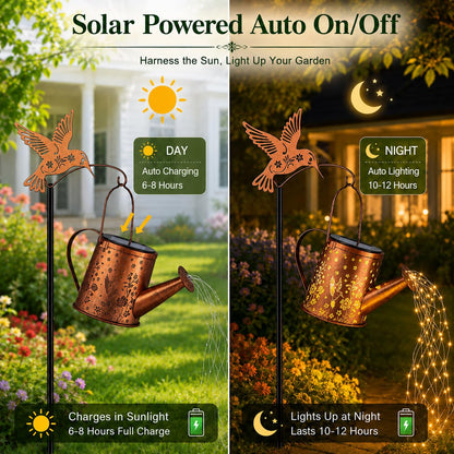 Hummingbird Solar Watering Can Light, Outside Metal Watering can Landscape Lights for Garden Yard Patio Pathway Decor Birthday Gifts for Women Mom,Grandma -with Pole