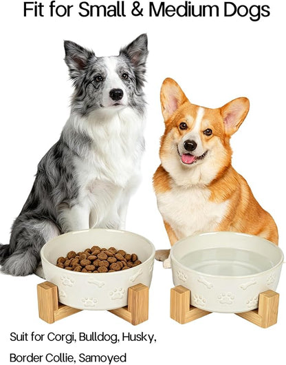 Ceramic Dog Bowls with Stand, 6.5 inch Dog Food Water Bowl Set for Medium Small Dogs Pet Dishes Set of 2, White with Cute Pattern