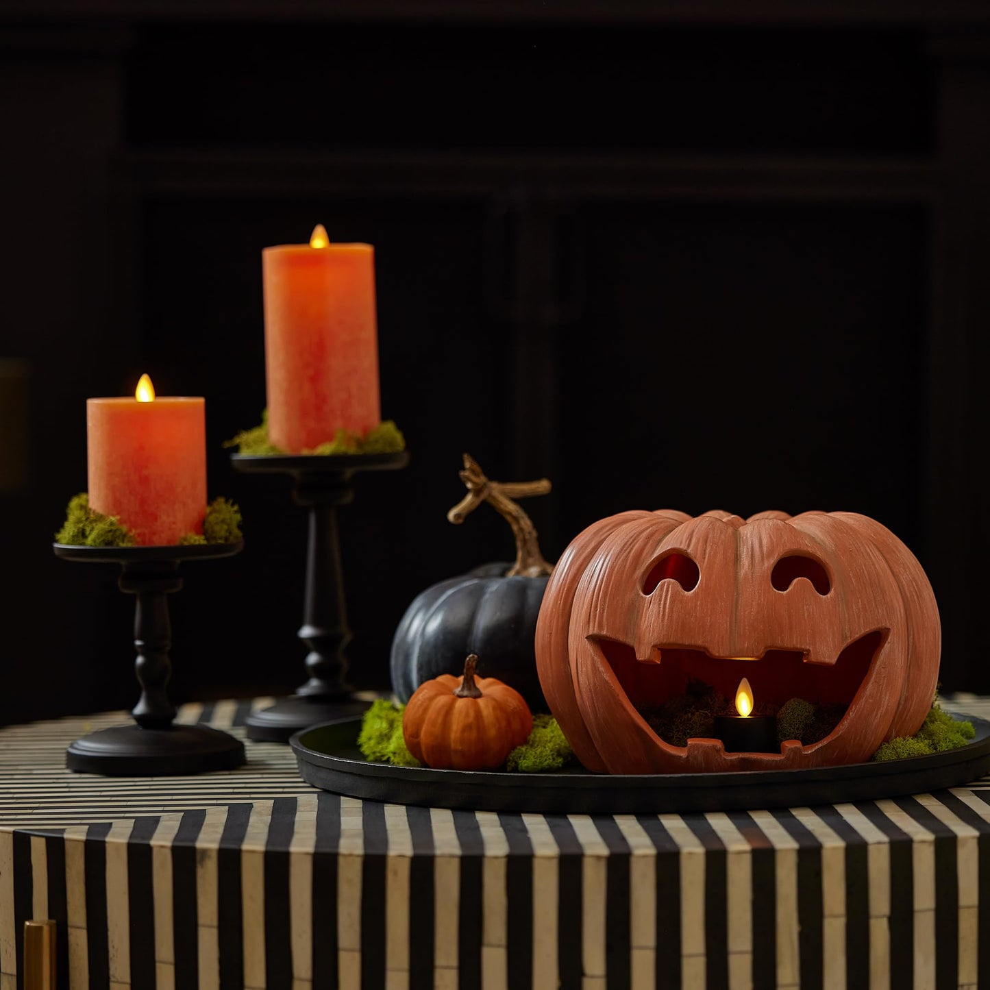 Luminara Jack-o'-Lantern Pumpkin Tealight Holder - Orange 10" x 6.75" - Halloween Dry Brush Resin Fall Home Autumn Harvest Festival Party Decor