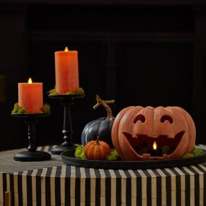 Luminara Jack-o'-Lantern Pumpkin Tealight Holder - Orange 10" x 6.75" - Halloween Dry Brush Resin Fall Home Autumn Harvest Festival Party Decor