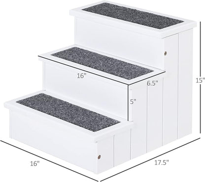 PawHut 3 Step Wooden Carpeted Non Slip Pet Stairs Ramp for Cats and Small Dogs - White
