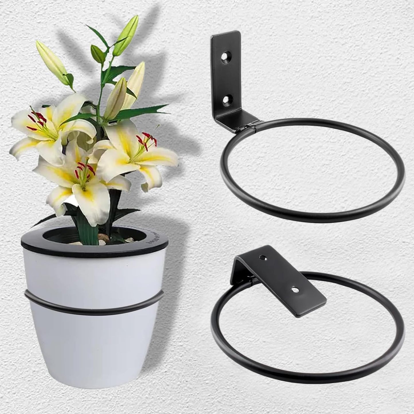 Jiozermi 2 Pack 5 inch Flower Pot Holder Ring, Flower Pot Holder Ring Wall Mounted Set Wall Mounted Metal Planter Hanger Matte Black Hanging Plant Holder