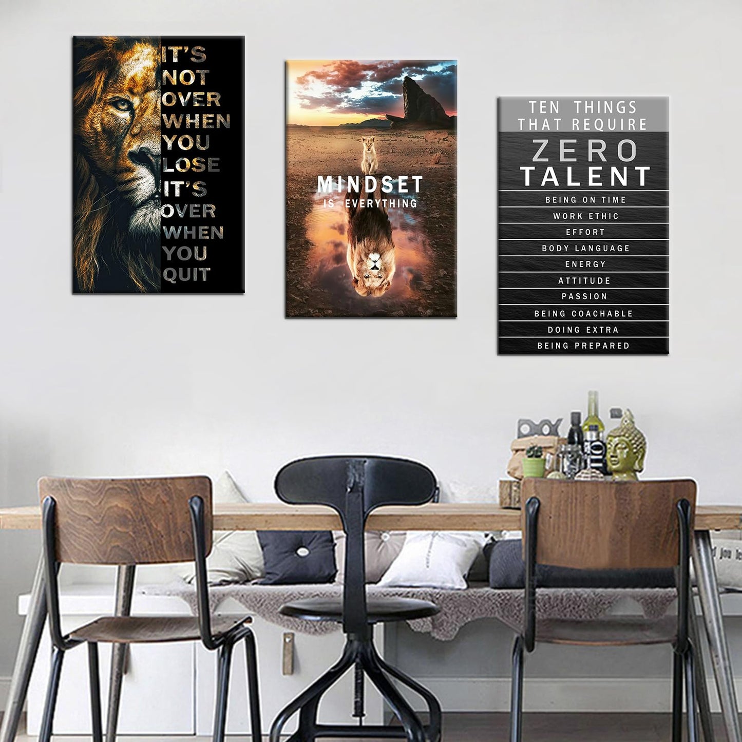 Lion Motivational Wall Decor Inspirational Quotes Wall Art Canvas Zero Talent Poster Print 3 Panel Animal Picture Artwork for Living Room Bedroom Office Home Decor Framed Ready to Hang [48''Wx 24''H]