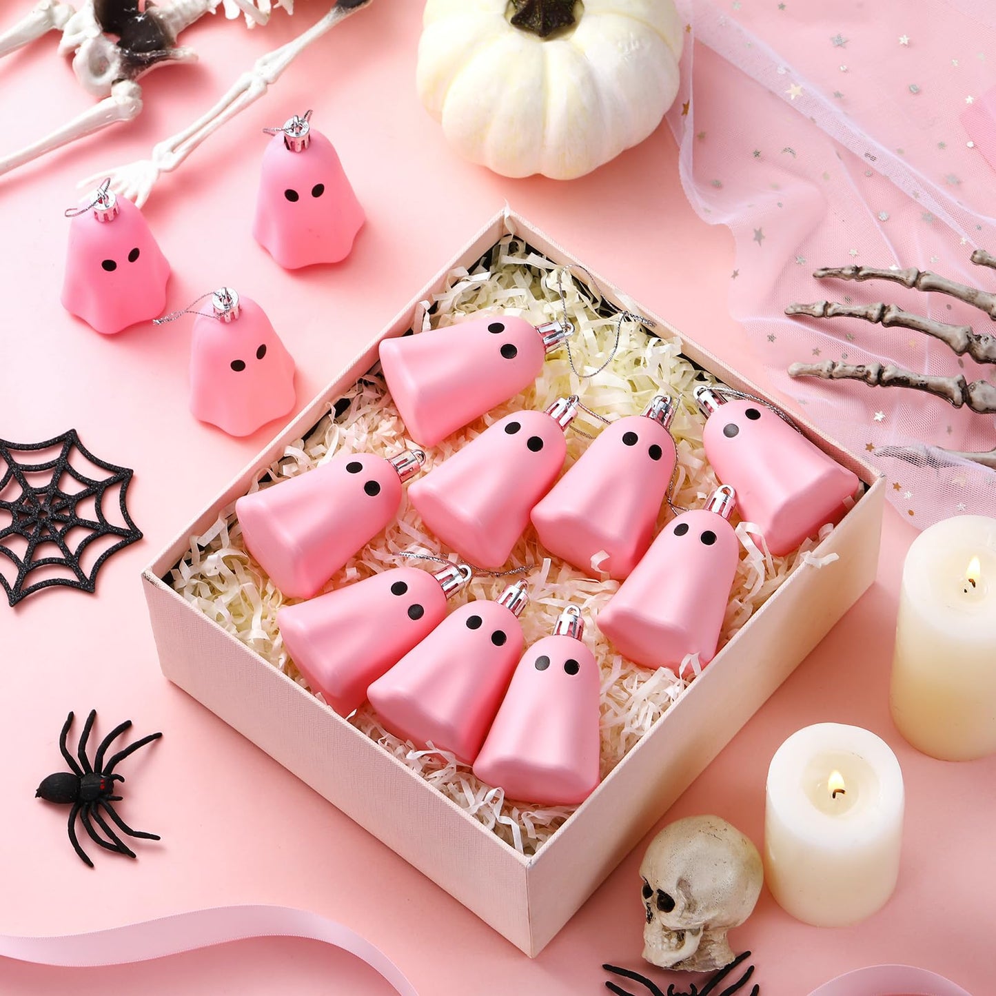 Tigeen 12 Pcs Halloween Hanging Ornaments Cute Ghost Decoration Halloween Tree Decoration Plastic Decorative Mini Ghost Ornaments for Home Tree Party Supplies (Cute,Pink)