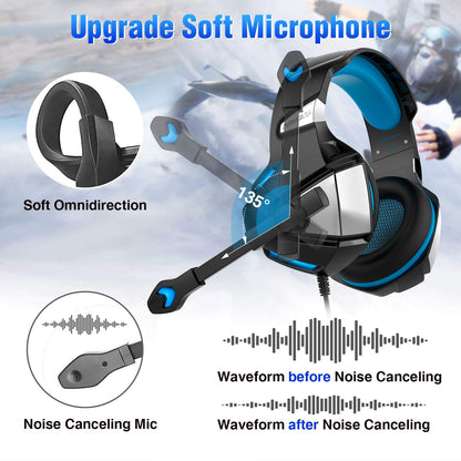 Micolindun Gaming Headset for Xbox One, PS4, PC, Over Ear Gaming Headphones with Noise Cancelling Mic LED Light, Stereo Bass Surround, Soft Memory Earmuffs for PS5, Smart Phone, Laptops, Tablet