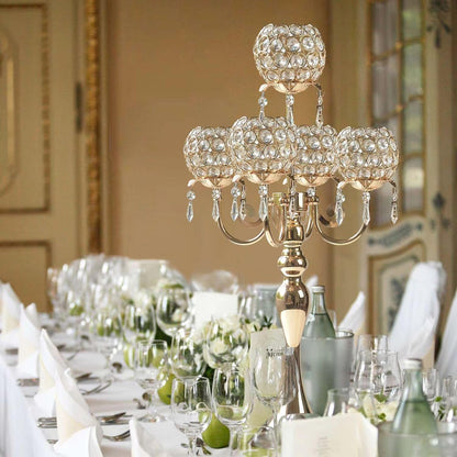 Kehail 5 Arm Gold Candle Holder 22.5 Inch Tall Crystal with Pendant, Romantic Home Decor Elegant Candlestick Holder for Dates Wedding Receptions Holiday Party Important Events
