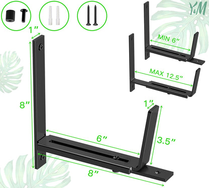 Y&M 6 Pack Adjustable Planter Box Brackets (6 to 12.5 in), Universal Window Box Brackets, Heavy Duty Iron Flower Box Wall Mounting Hooks for Balcony, Fences, Patio, and Garden - Black