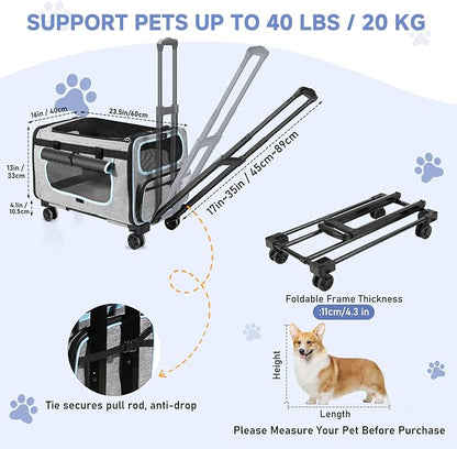 Pet Carrier with Wheels for Cats and Dogs, Pet Bag with Detachable Wheels & Washable Plush Pad, Escape-Proof Zipper & Shoulder Strap, Portable Carrier for Outdoor and Car Travel(Max. 40 lbs)