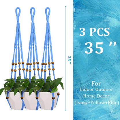 MENG ZHI AO 3 Pcs 35 Inch Macrame Plant Hanger Flower Pot Hanging Plant Holder No Tassels Decorative Hanging Planter Basket with Wood Beads for Indoor Outdoor Home Decor (Blue)